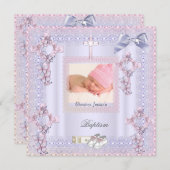 バプテスピンククロスガールフォトラベンダーレース2 招待状 (正面/裏面)