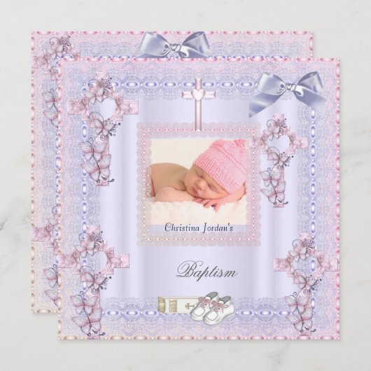 バプテスピンククロスガールフォトラベンダーレース2 招待状 (正面/裏面)