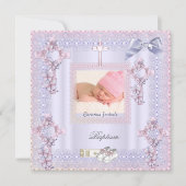 バプテスピンククロスガールフォトラベンダーレース2 招待状 (正面)