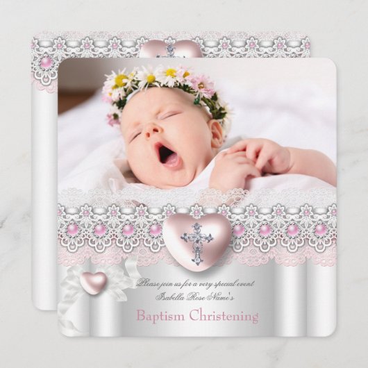 バプテスピンクシルバーフォトハートクロスガールパール 招待状 (正面/裏面)