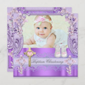 バプテスピンクパープルクロスガールフォト《キリスト教》洗礼式や命名式 招待状 (正面/裏面)