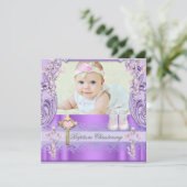 バプテスピンクパープルクロスガールフォト《キリスト教》洗礼式や命名式 招待状 (スタンド正面)