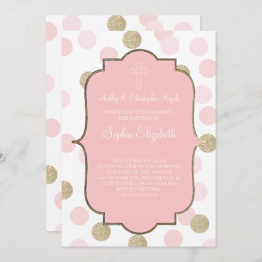 バプテスピンクフェイク金ゴールドグリッター水玉模様招待状 招待状 (正面/裏面)