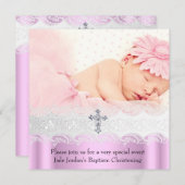 バプテスピンクホワイトレースフォトジェルクロスガール 招待状 (正面/裏面)