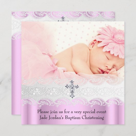 バプテスピンクホワイトレースフォトジェルクロスガール 招待状 (正面/裏面)