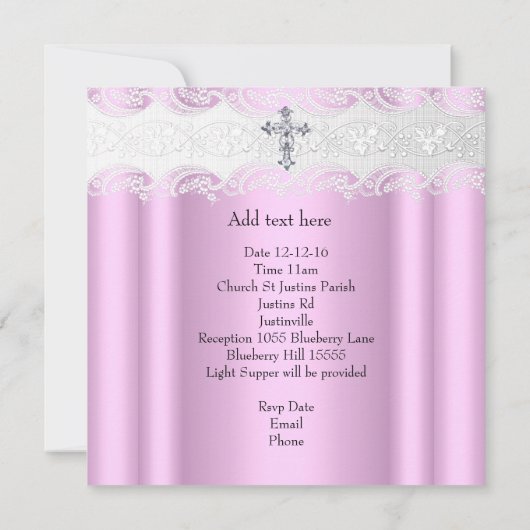 バプテスピンクホワイトレースフォトジェルクロスガール 招待状 (裏面)