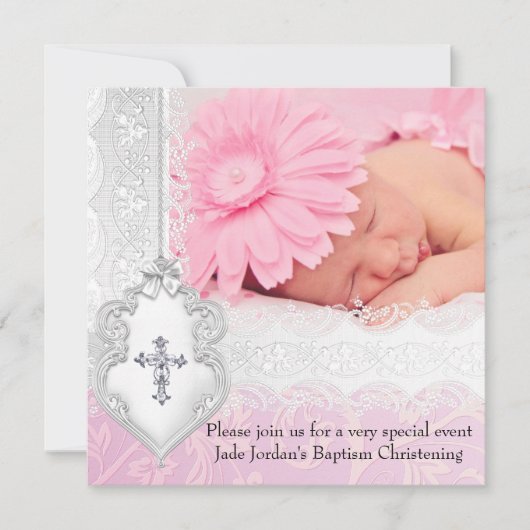 バプテスピンクホワイトレースフォトジェルクロスガール 招待状 (正面)