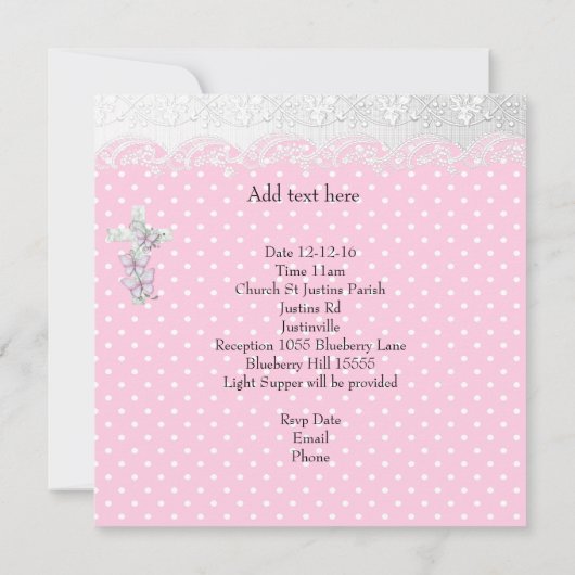 バプテスピンクホワイトレースフォトバタフライクロスガール 招待状 (裏面)