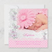 バプテスピンクホワイトレースフォトバタフライクロスガール 招待状 (正面)