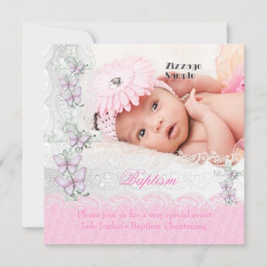 バプテスピンクホワイトレースフォトバタフライクロスガール 招待状 (正面)