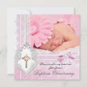 バプテスピンクホワイトレースフォトパールクロスガール 招待状 (正面)