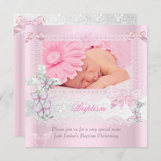 バプテスピンクレース写真バタフライクロスガール2 招待状 (正面/裏面)