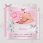 バプテスピンクレース写真バタフライクロスガール 招待状 (正面/裏面)