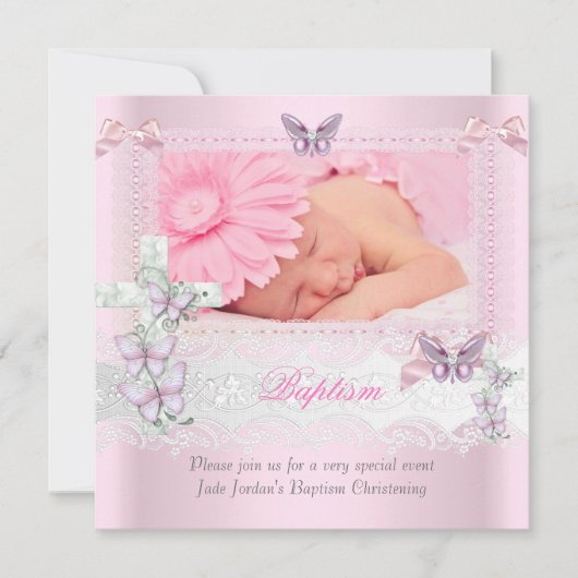 バプテスピンクレース写真バタフライクロスガール 招待状 (正面)