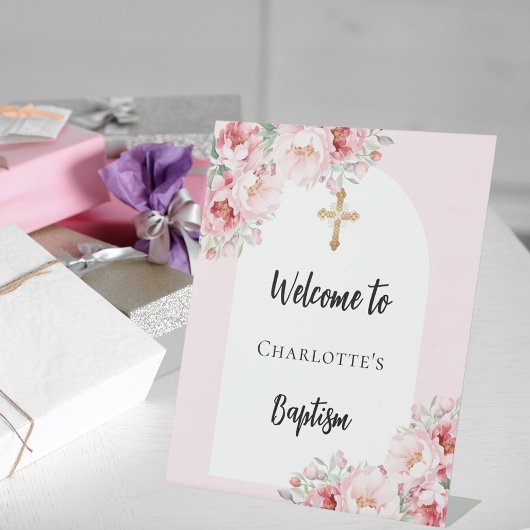 バプテスピンク花模様アーチガール歓迎 台座サイン