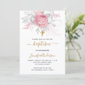 バプテスピンク花模様ガールエレガントホワイト 招待状 (スタンド正面)