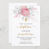 バプテスピンク花模様ガールエレガントホワイト 招待状 (正面/裏面)