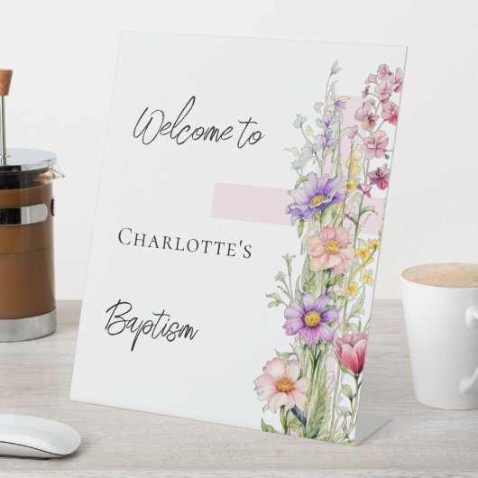 バプテスピンク花模様クロスガールウェルカムサイン 台座サイン (インサイチュ)