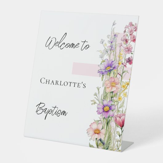 バプテスピンク花模様クロスガールウェルカムサイン 台座サイン (正面)