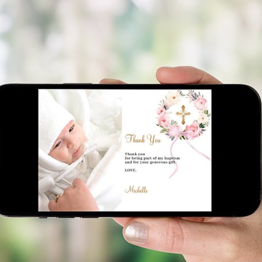 バプテスピンク花模様写真サンキューカード 招待状