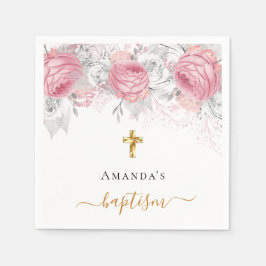 バプテスピンク花模様白エレガント名スクリプト スタンダードカクテルナプキン
