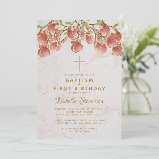 バプテスファースト誕生日ピンクマグノリアクロスマーブル 招待状 (スタンド正面)