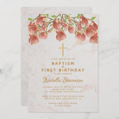 バプテスファースト誕生日ピンクマグノリアクロスマーブル 招待状 (正面/裏面)