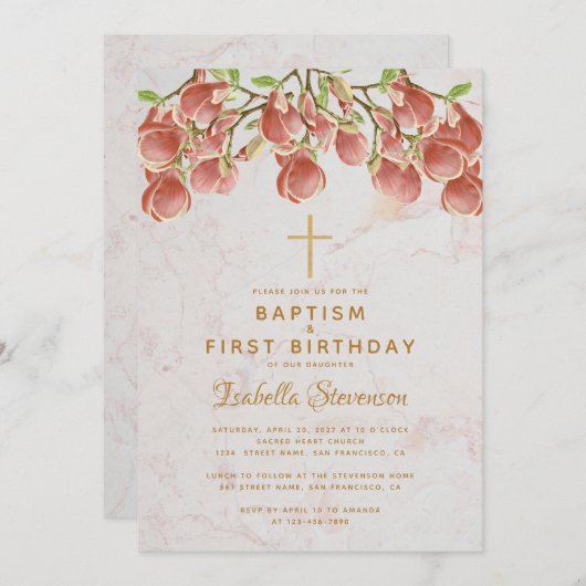 バプテスファースト誕生日ピンクマグノリアクロスマーブル 招待状 (正面/裏面)