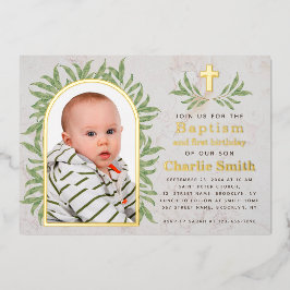 バプテスファースト誕生日フォトグリーンリー金ゴールドアーチ 箔招待状