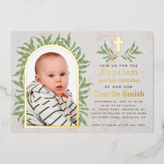 バプテスファースト誕生日フォトグリーンリー金ゴールドアーチ 箔招待状 (正面)