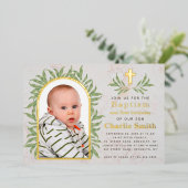 バプテスファースト誕生日フォトグリーンリー金ゴールドアーチ 箔招待状 (立ち正面)