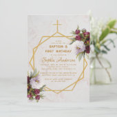 バプテスファースト誕生日ブルゴーディピーニーマーブル金ゴールド 招待状 (スタンド正面)