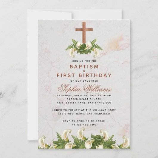 バプテスファースト誕生日銅クロスカラーリリー 招待状 (正面)