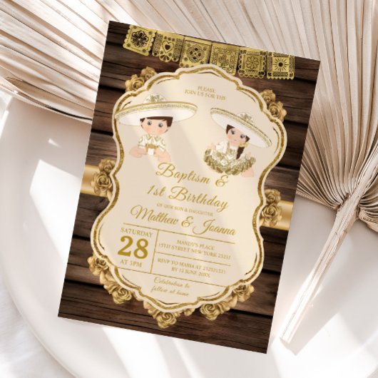 バプテスフィエスタツインボーイ&ガールウッド1st誕生日 招待状