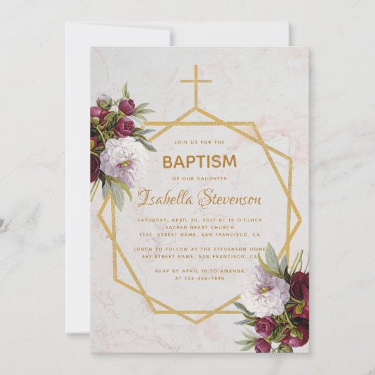 バプテスブルゴーニュ牡丹大理石金ゴールド幾何学 招待状 (正面)