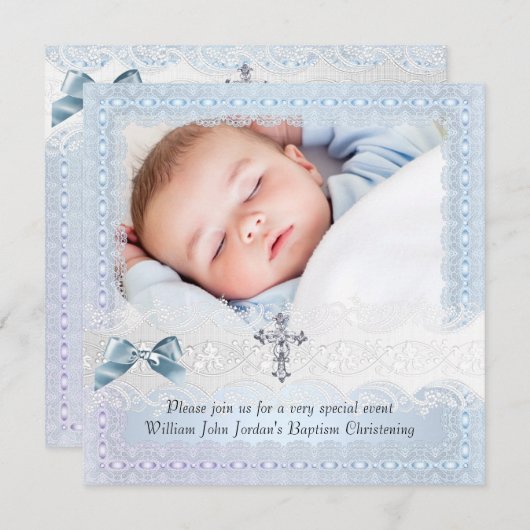 バプテスブルーホワイトレースフォトジェルクロスボーイフレンド2 招待状 (正面/裏面)