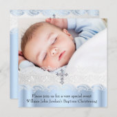 バプテスブルーホワイトレースフォトジェルクロスボーイ 招待状 (正面/裏面)