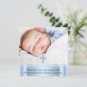 バプテスブルーホワイトレースフォトジェルクロスボーイ 招待状 (スタンド正面)