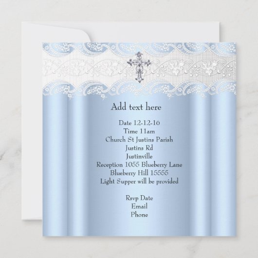 バプテスブルーホワイトレースフォトジェルクロスボーイ 招待状 (裏面)