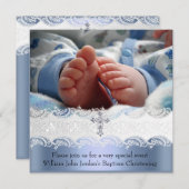 バプテスブルーホワイトレースフォトジェルクロスボーイ 招待状 (正面/裏面)