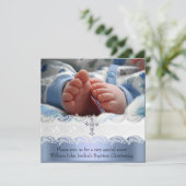 バプテスブルーホワイトレースフォトジェルクロスボーイ 招待状 (スタンド正面)