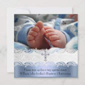 バプテスブルーホワイトレースフォトジェルクロスボーイ 招待状 (正面)