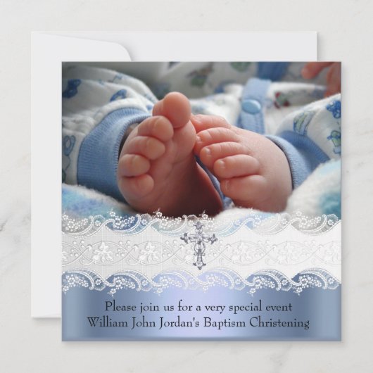 バプテスブルーホワイトレースフォトジェルクロスボーイ 招待状 (正面)