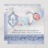 バプテスブルーホワイトレースフォトジェルクロスボーイ 招待状 (正面/裏面)