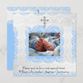 バプテスブルーホワイトレースフォトジェルクロスボーイ 招待状 (正面/裏面)