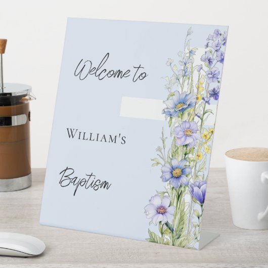バプテスブルー花模様クロスモダンボーイウェルカムサイン 台座サイン (インサイチュ)