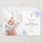 バプテスブルー花模様写真金ゴールド男の子サンキューカード 招待状 (正面)