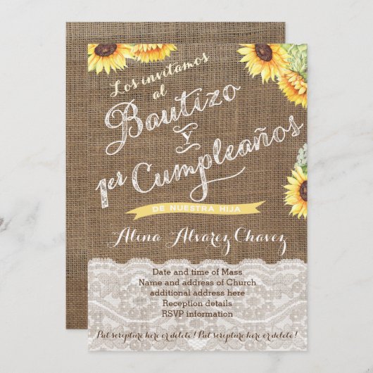 バプテスペインのス&ラテンアメリカ系女性ニーニャ初誕生日 招待状 (正面/裏面)