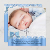 バプテスボーイブルーホワイトレースフォトジェルクロスボウ 招待状 (正面/裏面)