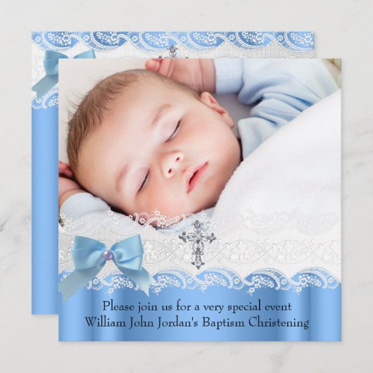 バプテスボーイブルーホワイトレースフォトジェルクロスボウ 招待状 (正面/裏面)